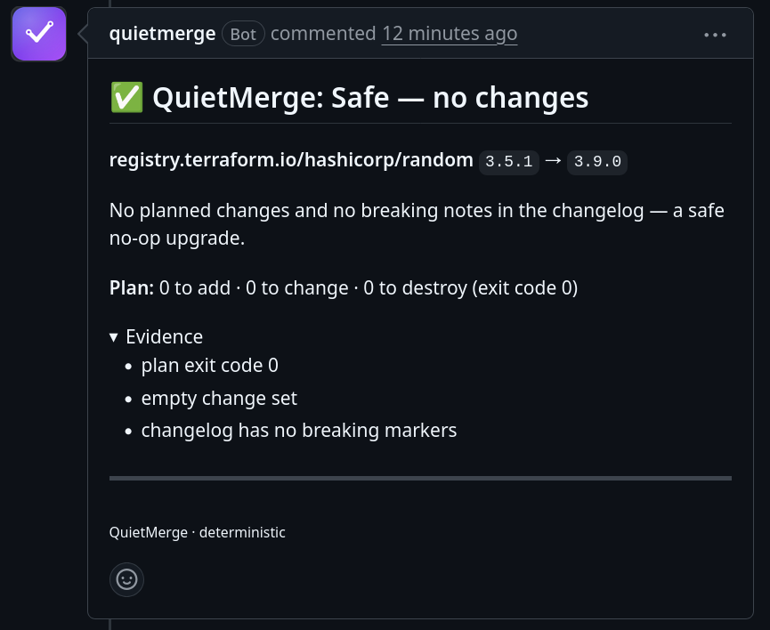 QuietMerge verdict: Safe — no changes. Provider random 3.5.1 to 3.9.0, plan exit code 0, empty change set, changelog has no breaking markers.